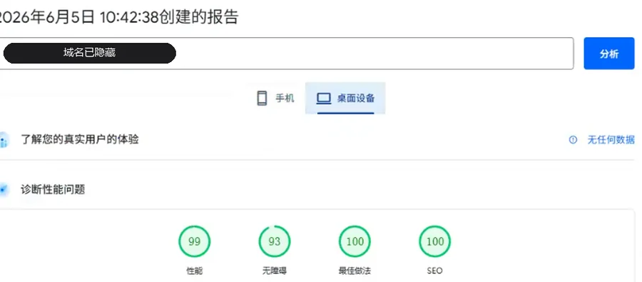 PageSpeed Insights 桌面端实测报告：性能、无障碍、最佳做法、SEO 四项均在 90 分以上