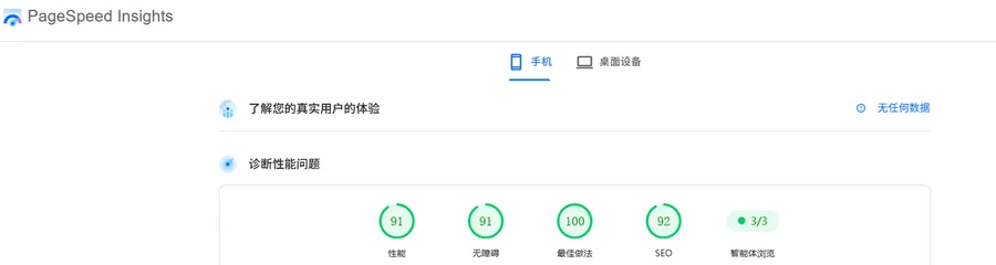 PageSpeed Insights 桌面端实测报告:性能、无障碍、最佳做法、SEO 四项均在 90 分以上