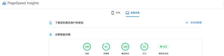PageSpeed Insights 桌面端实测报告:性能、无障碍、最佳做法、SEO 四项均在 90 分以上