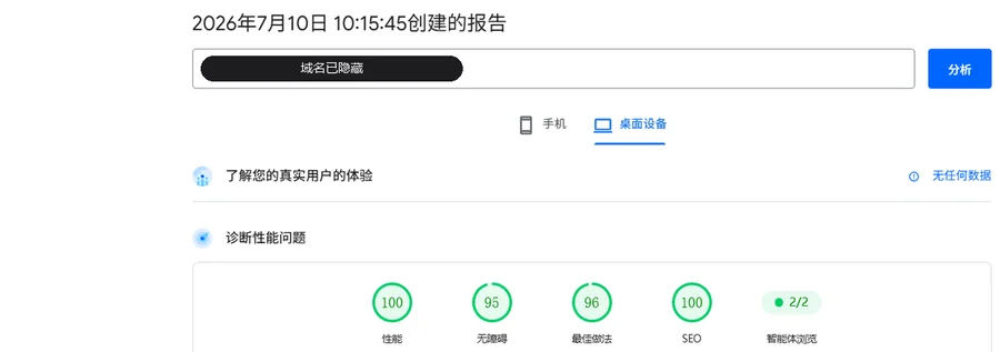 PageSpeed Insights 桌面端实测报告:性能、无障碍、最佳做法、SEO 四项均在 90 分以上