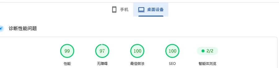 PageSpeed Insights 桌面端实测报告：性能、无障碍、最佳做法、SEO 四项均在 90 分以上