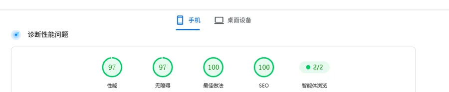 PageSpeed Insights 移动端实测报告：性能、无障碍、最佳做法、SEO 四项均在 90 分以上