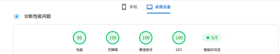 PageSpeed Insights 桌面端实测报告：性能、无障碍、最佳做法、SEO 四项均在 90 分以上