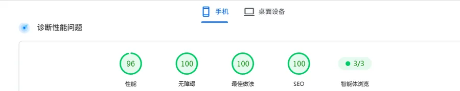 PageSpeed Insights 移动端实测报告：性能、无障碍、最佳做法、SEO 四项均在 90 分以上