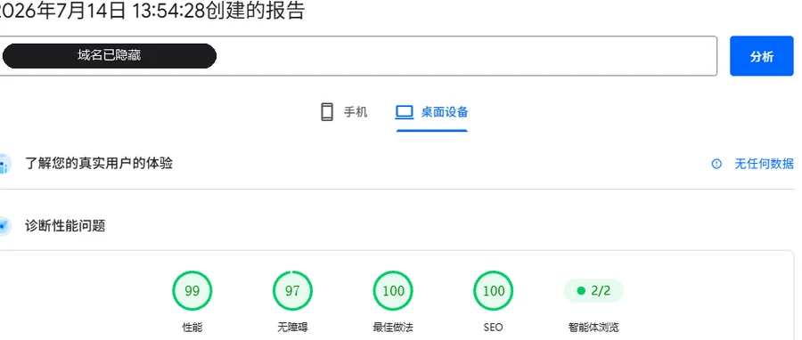 PageSpeed Insights 桌面端实测报告:性能、无障碍、最佳做法、SEO 四项均在 90 分以上