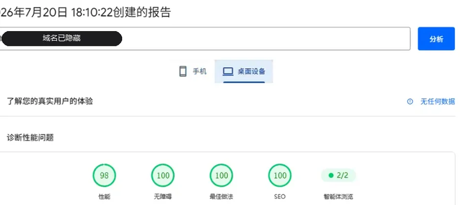 PageSpeed Insights 桌面端实测报告:性能、无障碍、最佳做法、SEO 四项均在 90 分以上