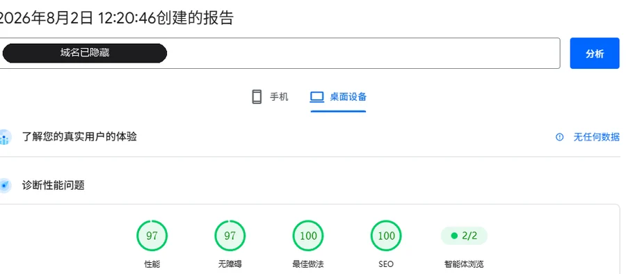 真实客户的 PageSpeed Insights 实测报告：性能 97、无障碍 97、最佳做法 100、SEO 100