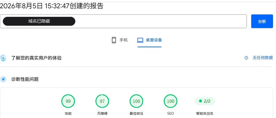 PageSpeed Insights 桌面端实测报告:性能、无障碍、最佳做法、SEO 四项均在 90 分以上