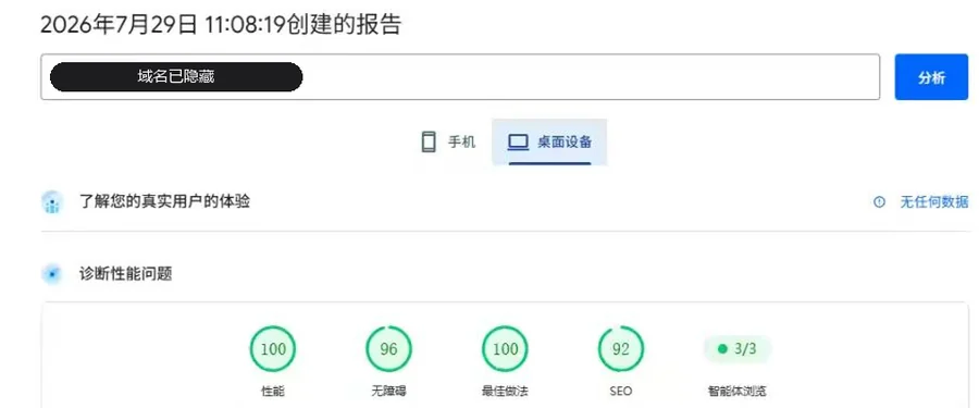 PageSpeed Insights 桌面端实测报告:性能、无障碍、最佳做法、SEO 四项均在 90 分以上