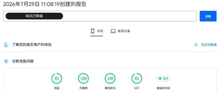 PageSpeed Insights 移动端实测报告:性能、无障碍、最佳做法、SEO 四项均在 90 分以上