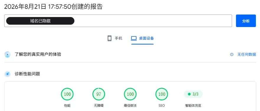 PageSpeed Insights 桌面端实测报告:性能、无障碍、最佳做法、SEO 四项均在 90 分以上