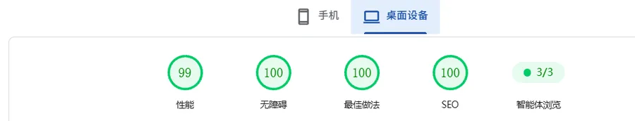 PageSpeed Insights 桌面端实测报告:性能、无障碍、最佳做法、SEO 四项均在 90 分以上
