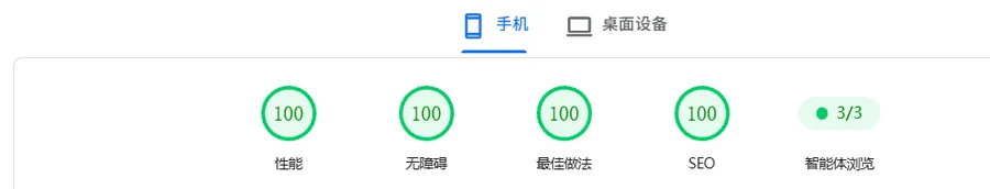 PageSpeed Insights 移动端实测报告:性能、无障碍、最佳做法、SEO 四项均在 90 分以上