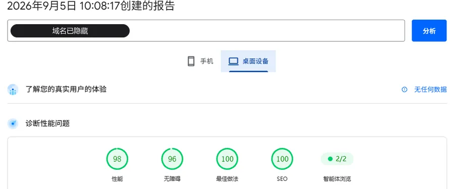 PageSpeed Insights 桌面端实测报告:性能、无障碍、最佳做法、SEO 四项均在 90 分以上